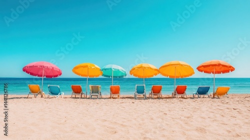 Colorful Beach Umbrellas and Chairs on Sandy Shore with Blue Ocean View