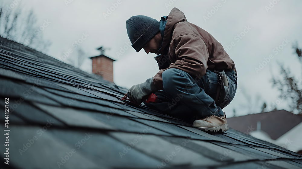 Roofing Contractor Installing Shingles on a Residential Roof Roofing Contractor Installing Shingles on a Residential Roof