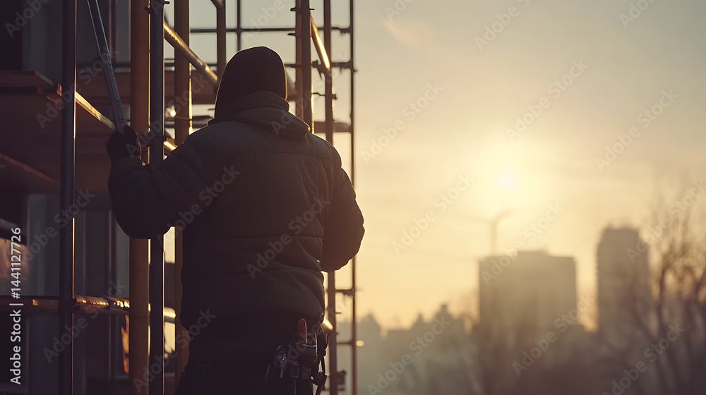 Construction Worker on Scaffolding at Sunset Construction Worker on Scaffolding at Sunset