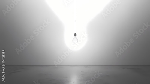 Lone lightbulb suspended by thin wire against immaculate white wall symbolizing original thought. Thought Core. Illustration