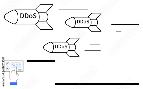 DDoS missiles in flight launched via control panel highlight cyber threat, risk, and internet disruption. Ideal for cybersecurity, hacking, defense, online attack, surveillance, prevention flat