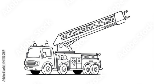 Black and White Outline Drawing of a Fire Truck with Ladder