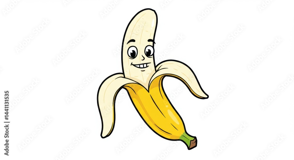 Cartoon Banana Peeling Itself with Goofy Face Cartoon Banana Peeling Itself with Goofy Face
