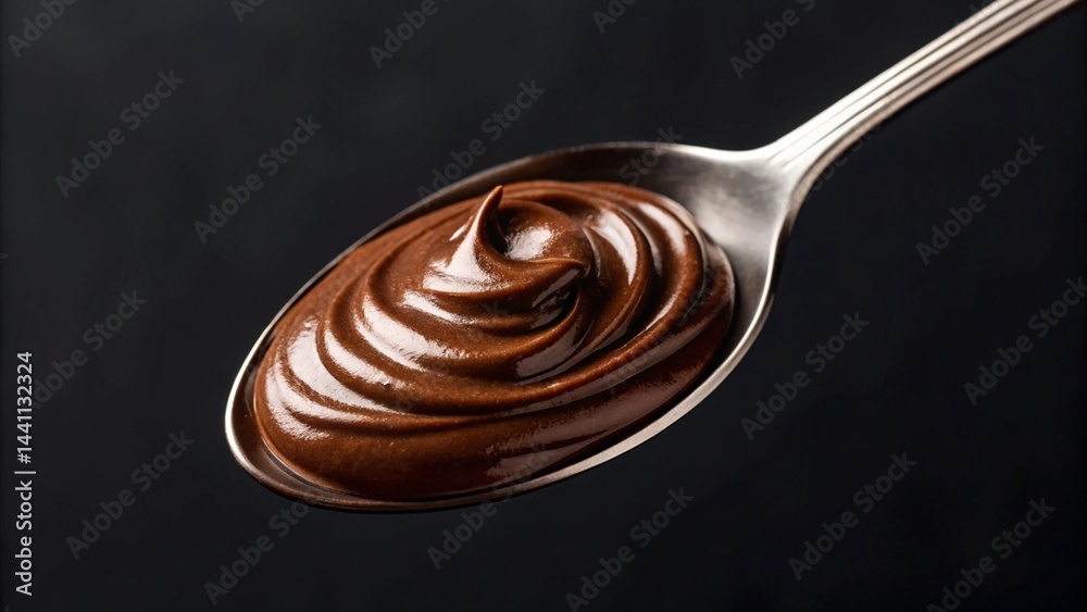 Fototapeta premium Close-up of a spoon filled with smooth, glossy chocolate, highlighting its texture and depth of color, perfect for illustrating recipes, baking, or confectionery. 