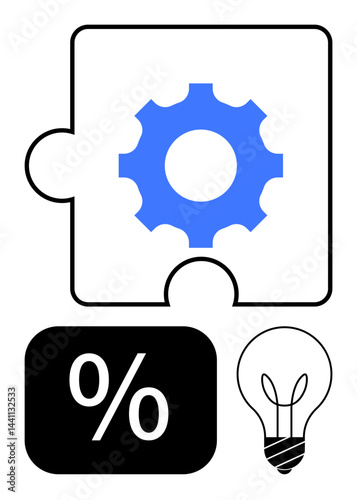 Puzzle piece with central gear, percentage block, and light bulb emphasizing strategy, innovation, problem-solving, teamwork, analysis, efficiency and business operations. Flat simple metaphor