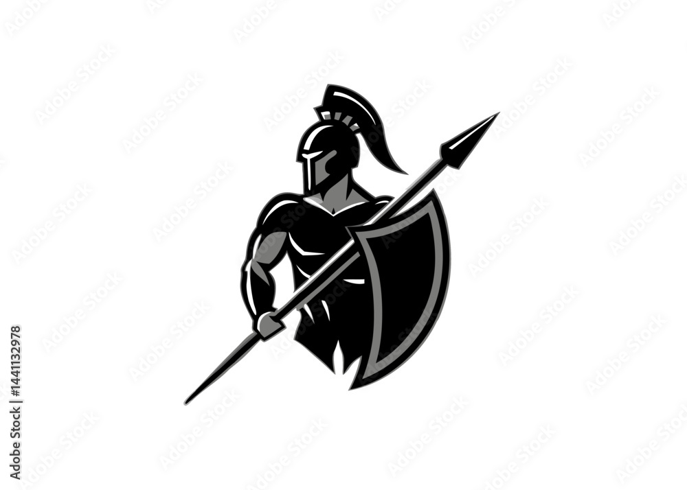 Obraz premium Ancient Warrior Emblem: A stylized, monochrome depiction of a formidable ancient warrior, poised with a spear and shield, embodying strength and historical valor. 
