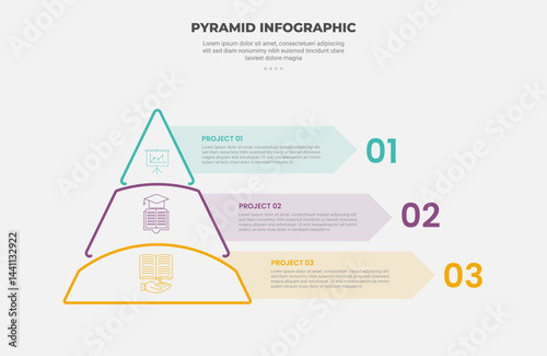 pyramid or triangle shape infographic outline style with 3 point template with round pyramid with round bend divider with long rectangle box container for slide presentation
