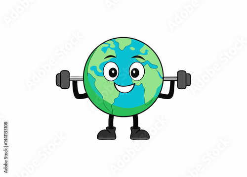 Earth Day Fitness: A cheerful cartoon Earth character, complete with arms and legs, lifts weights, promoting environmental wellness and fitness.