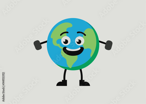 Happy Earth Character: A cheerful cartoon Earth character with a smiling face and tiny arms and legs, symbolizing environmental friendliness and global unity.