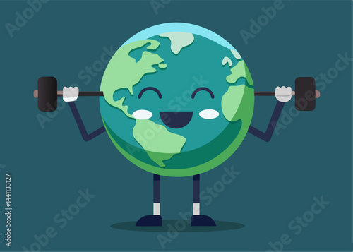 Earth's Fitness: A cartoon earth joyfully lifts weights, showcasing environmental strength and global well-being. Illustrating planetary health, fitness, and the importance of caring for our world.