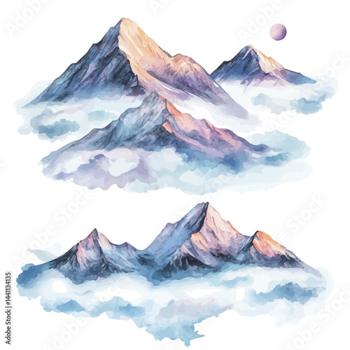 illustration of Mountains Floating Above The Clouds, watercolor vector, isolated on a white background.