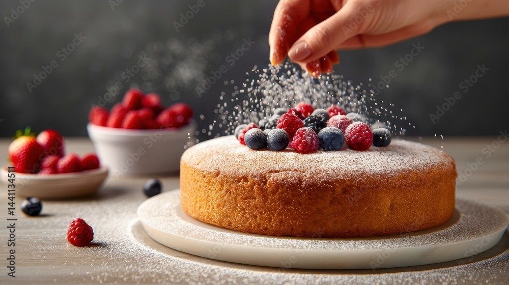 A closeup of a luscious fruit cake, elegantly dusted with icing sugar in a bustling professional kitchen.