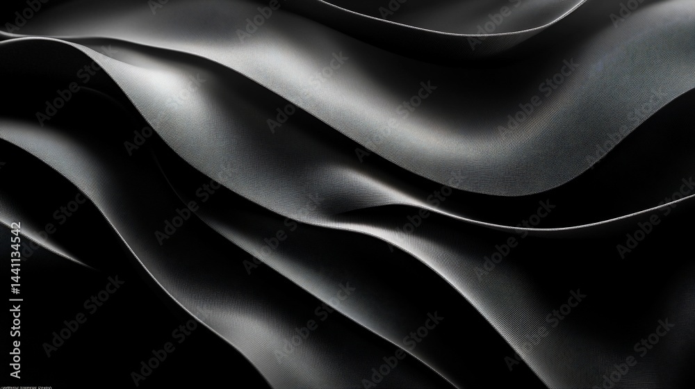 Fototapeta premium Abstract black and grey undulating fabric texture with dramatic light