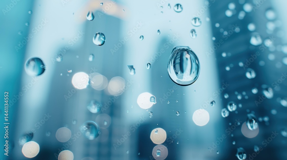 Raindrops cascade on a wet window, blurring the cityscape outside, creating a serene yet vibrant urban atmosphere.