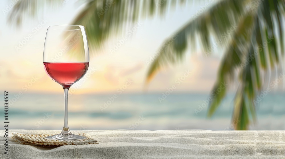 Sip the taste of summer with a ros wine glass on a vibrant beach towel, framed by a blissful sandy shore. Perfect relaxation moment