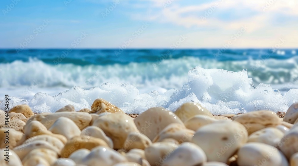 Experience a stunning closeup of the ocean bay, showcasing a tropical Mediterranean beach landscape under a bright horizon.
