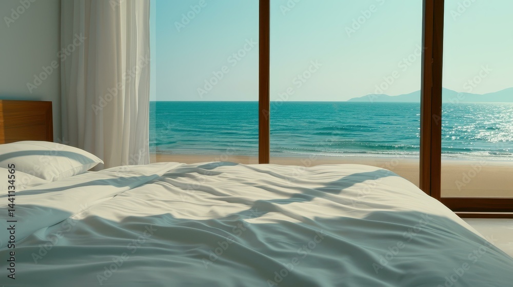 Experience serenity in a cozy bedroom with white bedding and a stunning ocean view. Perfect for relaxation and mindfulness.