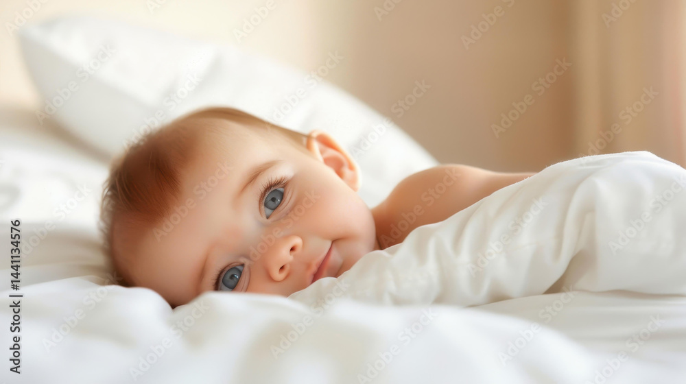 Adorable baby boy rests on his back, showcasing a peaceful expression in a cozy bed setting. Perfect for heartwarming moments.