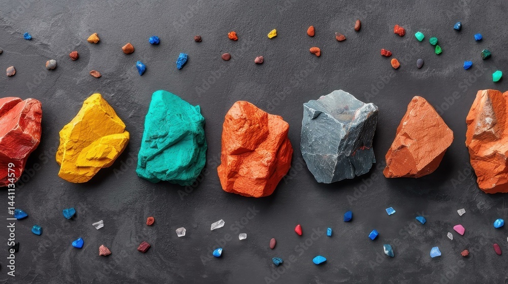Discover the vibrant hues of nature with this flat lay of colorful rocks. A perfect showcase of geologys beauty.
