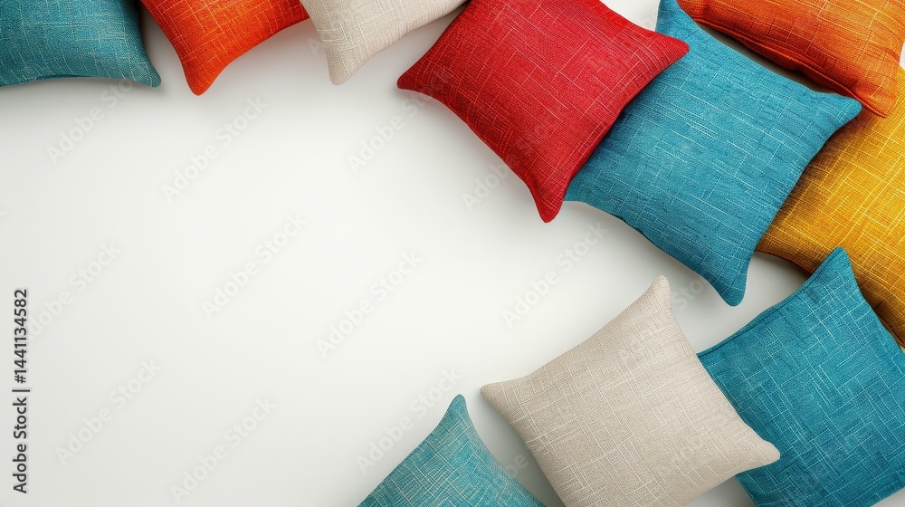 Bright cushions on a crisp white backdrop create a cozy vibe, making home staging pop with color and style.