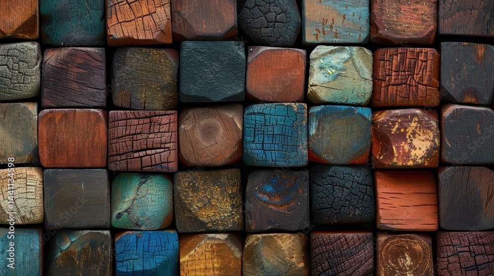 Vibrant wooden blocks artfully stacked, showcasing a mix of colors and textures for a playful and creative vibe.
