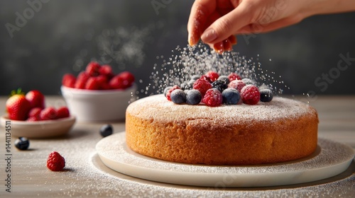 Obraz na płótnie A closeup of a luscious fruit cake, elegantly dusted with icing sugar in a bustling professional kitchen. w salonie