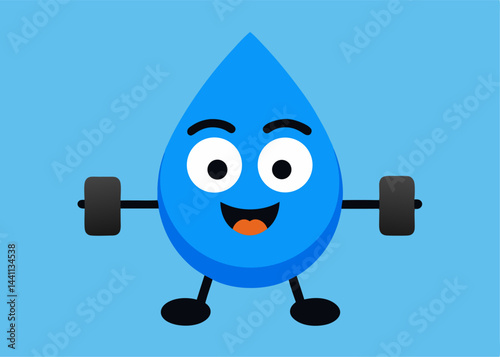 Hydration Hero: A cheerful cartoon water drop character, with a friendly face and expressive eyes, lifts weights with a determined smile, promoting the importance of staying hydrated and strong.