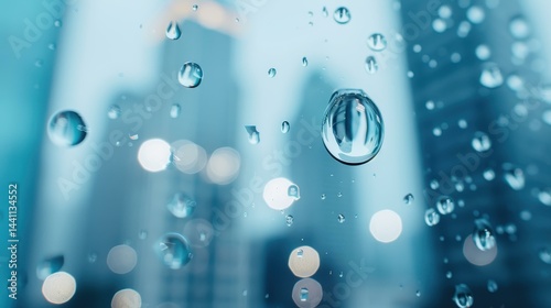 Obraz na płótnie Raindrops cascade on a wet window, blurring the cityscape outside, creating a serene yet vibrant urban atmosphere. w salonie