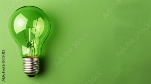 Obraz na płótnie A glowing classic light bulb shines against a soothing green backdrop, evoking creativity and minimalism in design. w salonie