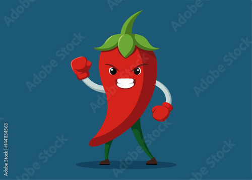 Spicy Fiery Pepper: An animated red chili pepper with a fierce expression, it's arms posed in a fighting stance, exuding a sense of fiery and animated fun.
