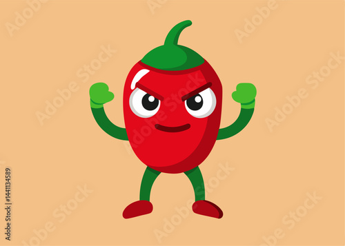 Spicy Chili Cartoon: A cute, anthropomorphic chili pepper character with a determined expression flexes its muscles, ready for action.