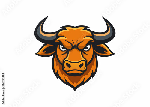 Powerful Bull Head: A bold graphic of a bull head with fierce eyes and prominent horns, symbolizing strength and determination, ideal for sports team branding or conveying power.