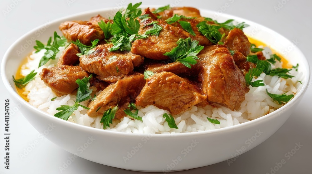 Savory chicken served over fluffy rice in a clean bowl, perfect for a comforting meal or quick lunch option.