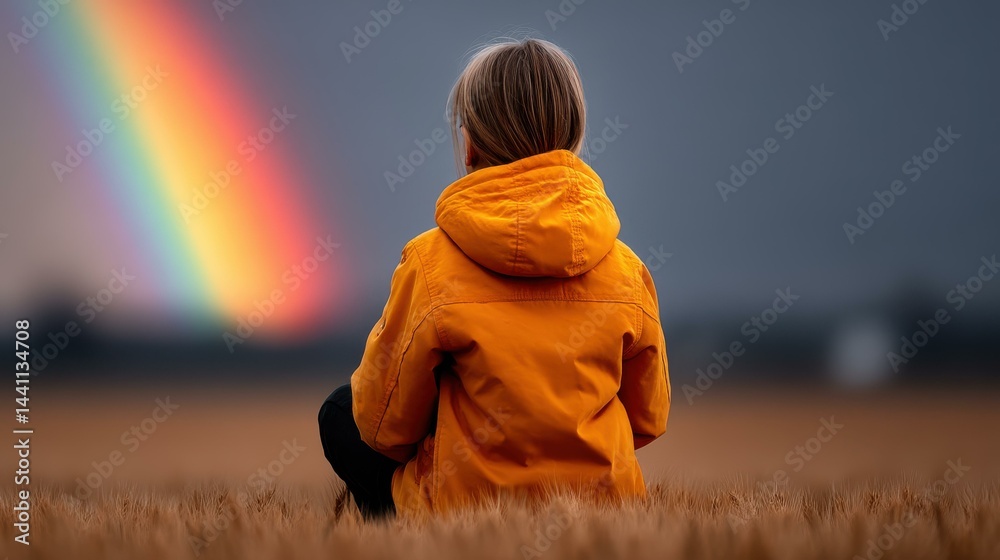 A child in a yellow jacket gazes at a bright rainbow arching over a serene wheat field, capturing a dreamlike scene.