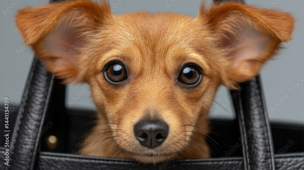 Adorable Chihuahua peeks from a sleek black handbag, showcasing its charm in a fashionable pet carrier on a soft backdrop.