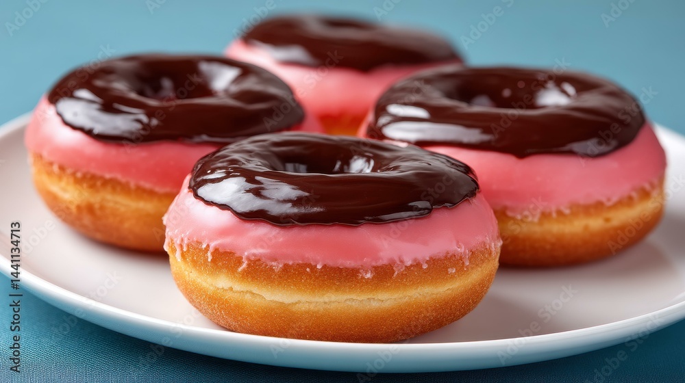 Tempting chocolate and pink frosted donuts sit on a white plate, perfect for any sweet tooth craving a treat.