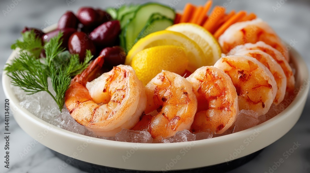Enjoy a refreshing shrimp cocktail platter with crisp vegetables, olives, and served over ice for a perfect appetizer.