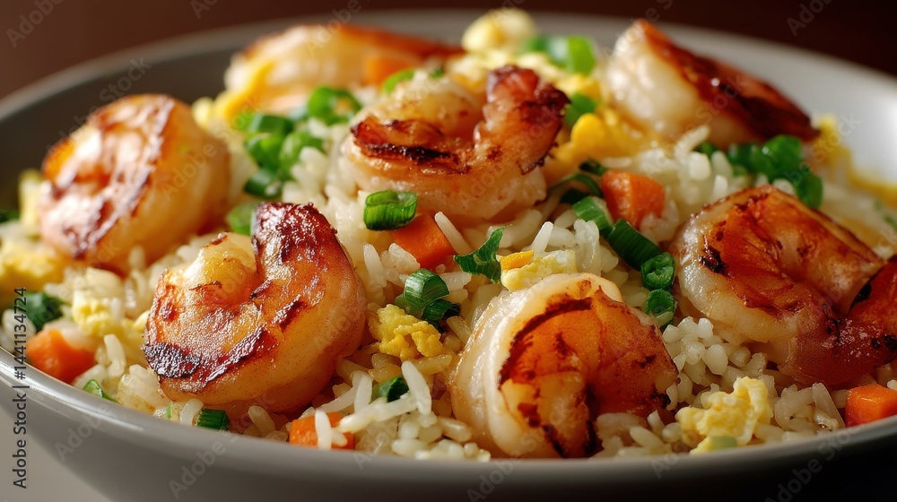 Savor the vibrant colors and textures of Chinese shrimps fried rice in this detailed closeup shot.