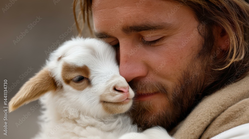 A serene image of a gentle figure cradling a lamb, symbolizing love, care, and divine protection in a peaceful setting.