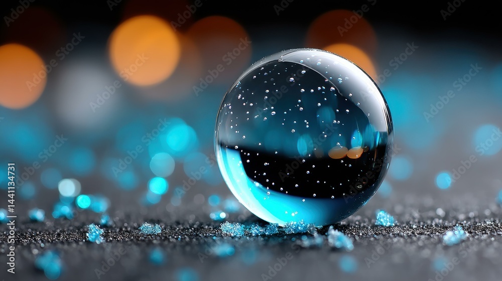 A beautiful Christmas snow globe rests on a snowy surface, sparkles dancing in the air as snowflakes gently fall.