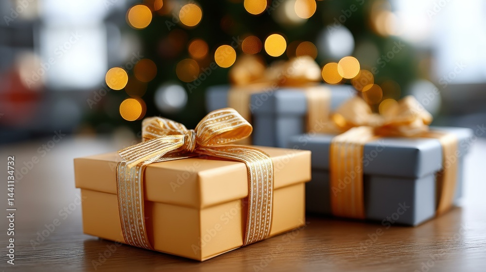 Celebrate the season with a beautiful Christmas tree backdrop featuring soft bokeh lights and ample space for your text.