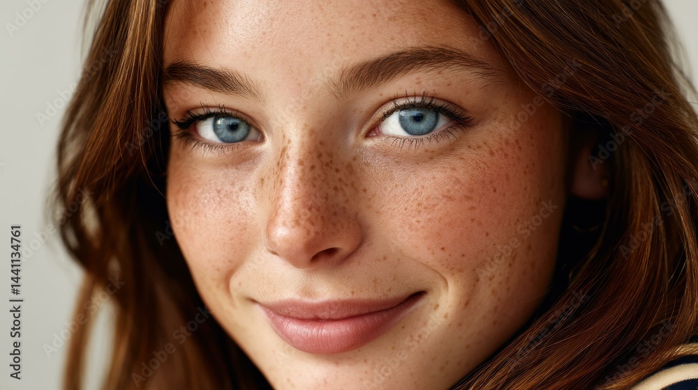 Stunning beauty shot of a young woman highlighting her clear skin, natural freckles, and striking blue eyes.
