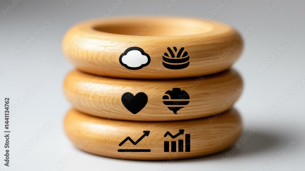 A round wooden block with a business strategy icon symbolizes growth and action planning for effective marketing.