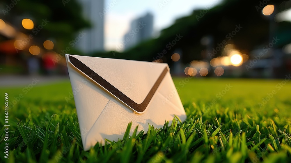 A closed white envelope rests on vibrant green grass, basking in the warm sunlight of a serene outdoor setting.
