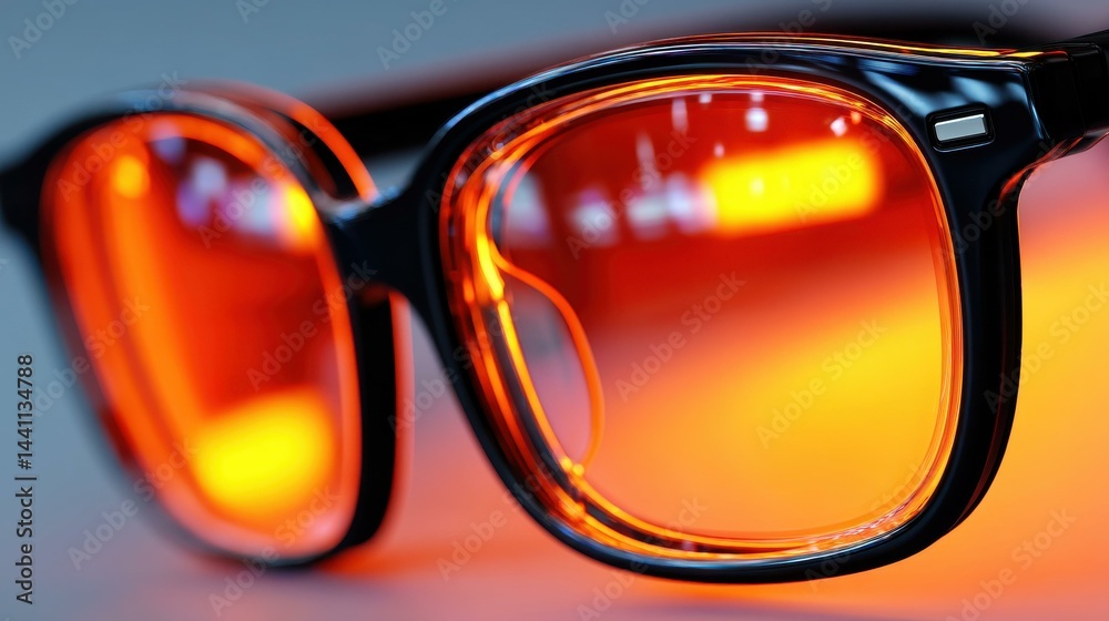 Futuristic orangetinted glasses reflect a glowing tech screen, embodying the essence of cybersecurity innovation.