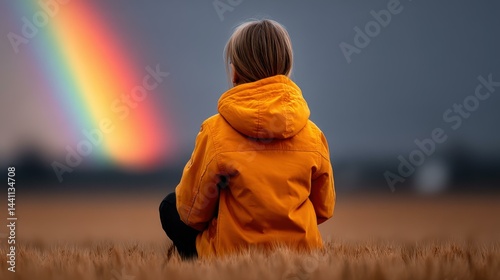 Obraz na płótnie A child in a yellow jacket gazes at a bright rainbow arching over a serene wheat field, capturing a dreamlike scene. w salonie