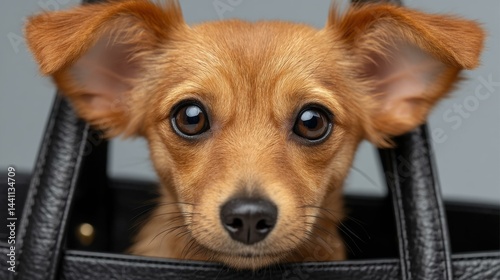 Obraz na płótnie Adorable Chihuahua peeks from a sleek black handbag, showcasing its charm in a fashionable pet carrier on a soft backdrop. w salonie
