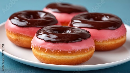 Obraz na płótnie Tempting chocolate and pink frosted donuts sit on a white plate, perfect for any sweet tooth craving a treat. w salonie