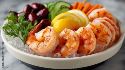 Enjoy a refreshing shrimp cocktail platter with crisp vegetables, olives, and served over ice for a perfect appetizer.