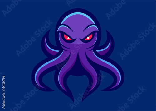 Purple Octopus Mascot Logo: A fierce and stylized purple octopus mascot with glowing red eyes, perfect for gaming or esports branding.  